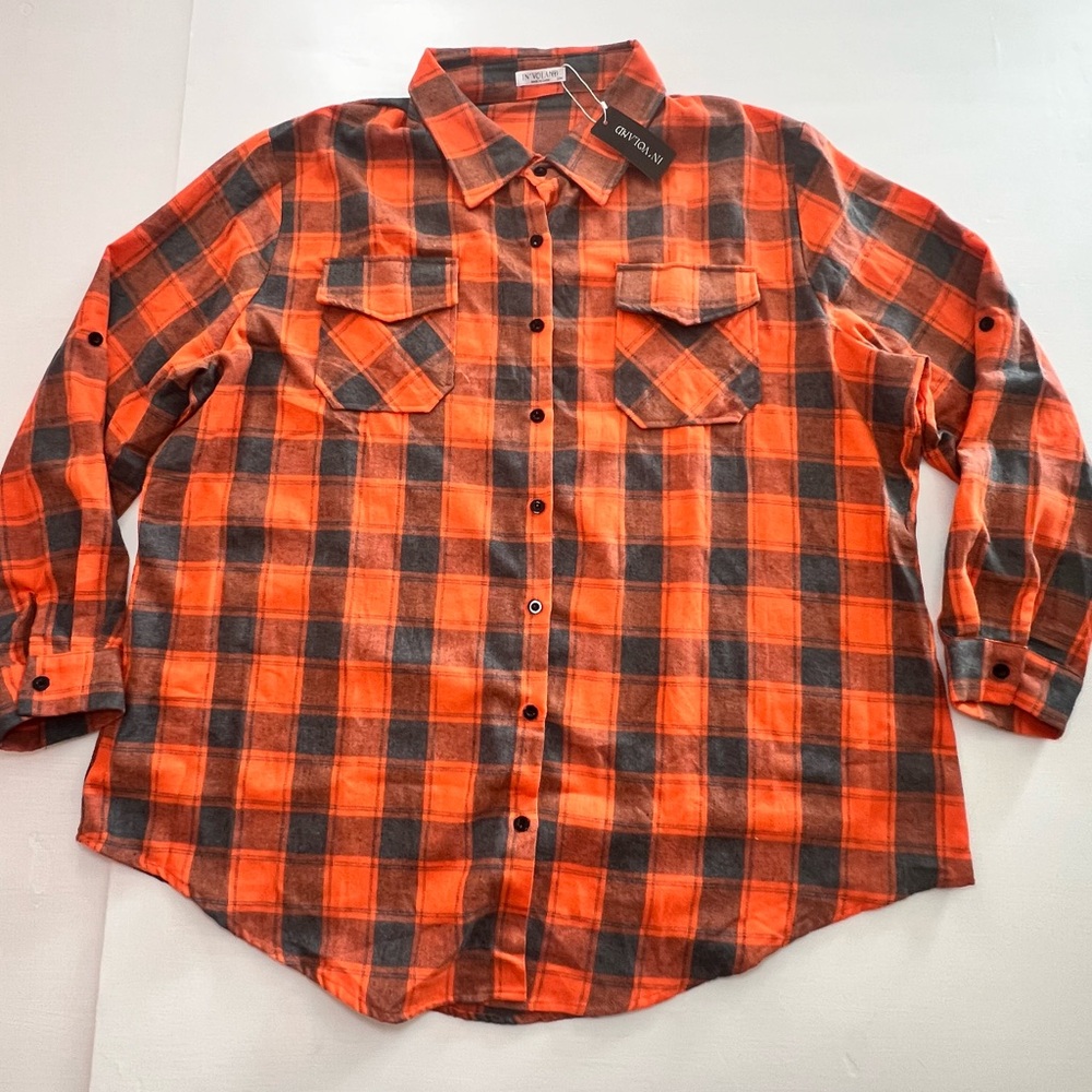 NWT size 22W Orange and Gray Plaid Button Down Shirt with Long Sleeves Fall 129
